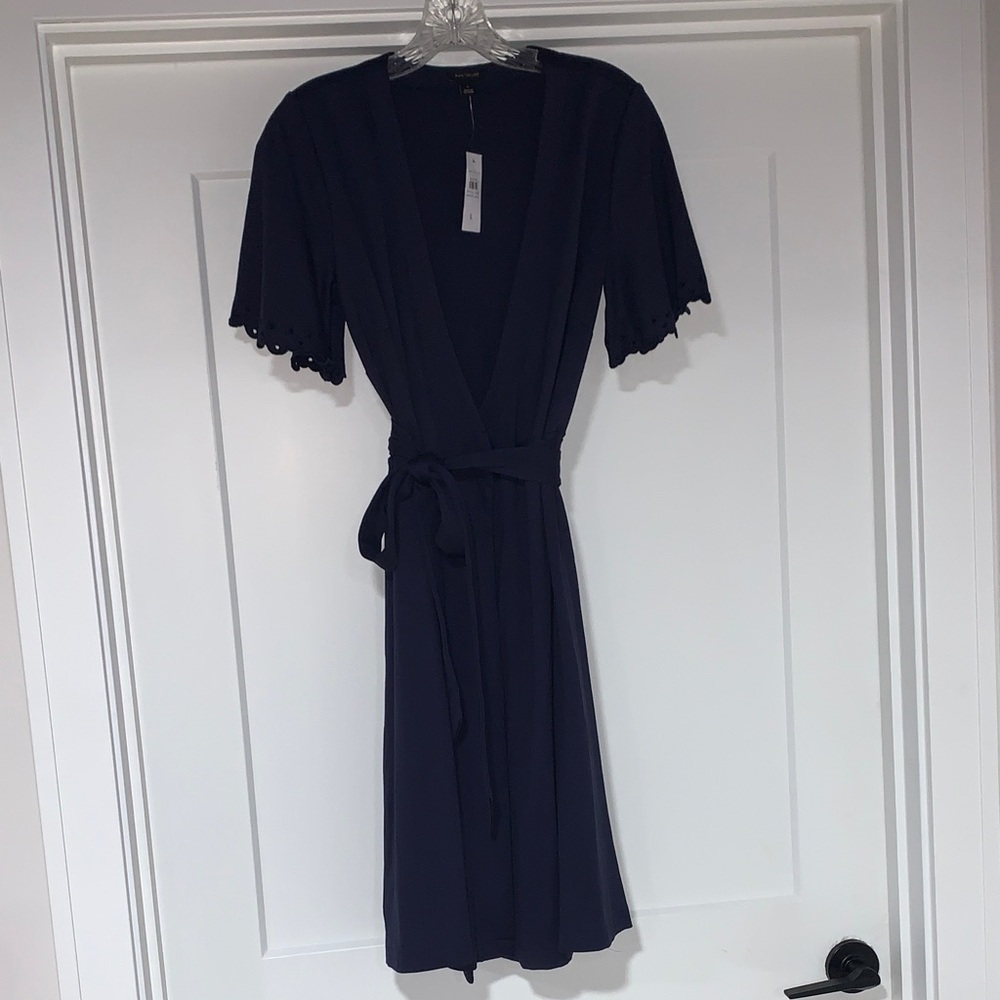 Ann Taylor Navy Wrap Dress with Eyelet Scalloped Sleeves